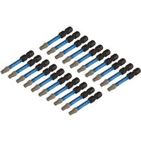 Pack of 20 Draper Expert TX-STAR T25 impact screwdriver bits, 50mm, with blue shafts and black tips.