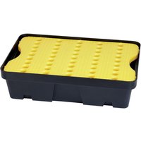 Black rectangular drip tray with a yellow grid-patterned insert, 20-liter capacity by Draper.