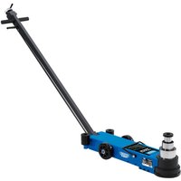 Blue Draper pneumatic jack with long black handle, low profile design, and sturdy wheels for 40-tonne capacity.