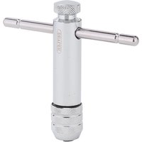 Silver Draper ratchet tap wrench with knurled handle, adjustable jaws, and T-bar for M5-M12 threading.