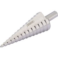 Silver Draper SD4-30 step drill bit with tapered design, engraved size markings, and hexagonal shank.
