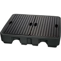 Black Draper SPILL-4 drum spill containment pallet with grid surface and four drum capacity.
