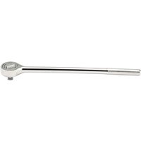Silver Draper 3/4'' square drive roundhead reversible ratchet with long handle and polished finish.