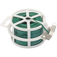 Green Draper garden tying wire spool, 50m, with white plastic holder and metal cutter attached.