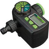 Black Draper WTBV1 electronic water timer with green buttons, digital display, and rotary dial for settings.