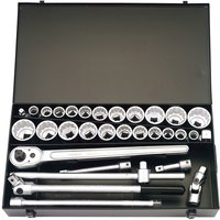 Black Elora socket set with 31 metric and imperial pieces, including ratchet, extensions, and various sockets in a case.