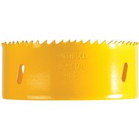 Yellow Faithfull 102mm bi-metal cobalt holesaw with jagged teeth and side slots for efficient cutting.