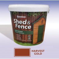 White tub of Forest Garden Fence Treatment, 5ltr, Harvest Gold color, with shed and fence image on label.