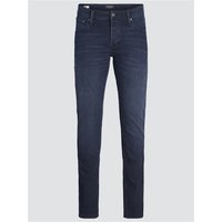 Blue denim slim fit jeans with five pockets and button closure, featuring subtle fading and stitching details.