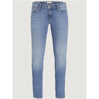 Blue denim skinny jeans with faded wash, button closure, and five-pocket design, labeled Jack & Jones Liam, size 32R.