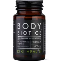 KIKI Health Body Biotics bottle, dark brown with black cap, white text, 60 vegan capsules, 400mg.