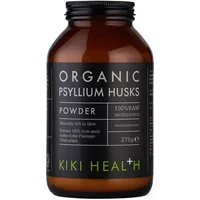 Brown bottle of KIKI Health Organic Psyllium Husk Powder, 275g, with black label and green text.