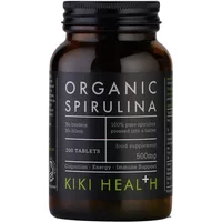 KIKI Health Organic Spirulina Tablets in a dark bottle with green and white label, 200 tablets, 500mg each.