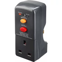 Black Masterplug RCD adaptor with orange reset button, red test button, and indicator lights on the front.