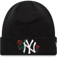 Black New York Yankees women's beanie with white logo and red rose embroidery on the front cuff.