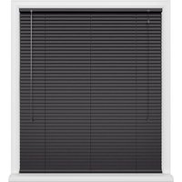 Black Onyx window blinds with horizontal slats and white frame, featuring pull cords on the left side.