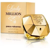 Gold diamond-shaped Paco Rabanne Lady Million perfume bottle with matching box, 80ml size.