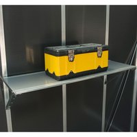 Metal Palram Canopia Yukon Shed Shelf with a yellow and black toolbox on top, mounted on a dark wall.