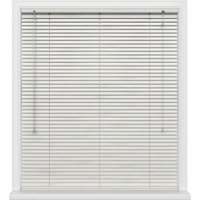 White horizontal window blinds with pull cords, set in a white frame.