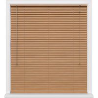 Wooden venetian blinds with light brown slats and white frame, featuring pull cords on the left side.