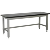 Steel industrial workbench with black top, grey frame, and adjustable feet, measuring 2.1 meters by Sealey.
