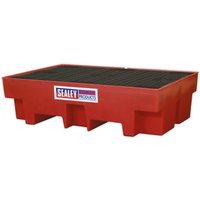Red Sealey DRP12 Barrel Bund with black grid top, rectangular polyethylene structure, and Sealey logo on the side.
