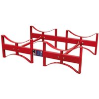 Red Sealey DRP34 storage racking for 2 drums, featuring a sturdy metal frame with curved supports and a central label.