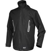 Black Sealey heated rain jacket with zippered pockets, high collar, and adjustable cuffs.