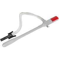 Sealey battery-operated jerry can pump, white with red handle, flexible hose, and dual spout attachments.