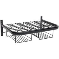 Black metal wall-mounted rack with grid shelf and two wire baskets for helmet and gear storage.