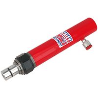 Red Sealey push ram with black and silver fittings, labeled "Sealey," designed for 10-tonne capacity.