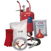 Red Sealey blasting kit with tank, hose, gloves, funnel, and blasting grit bags.