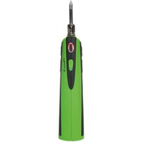 Green and black Sealey rechargeable soldering iron with a pointed tip and a central power button.