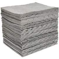 Pack of 100 Sealey spill absorbent pads, grey, textured surface, stacked neatly in a square pile.