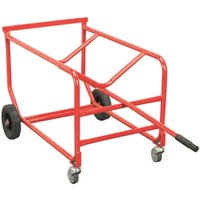 Red Sealey TP112 wheeled drum stillage with metal frame, two large rear wheels, and two front swivel casters.