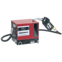 Red and black Sealey TP955 wall-mounted diesel transfer system with hose, nozzle, and control panel.