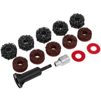 "Sealey VS8002 Stud Hub Cleaner set with black handle, silver adapter, red washers, and abrasive discs in black and brown"