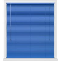 Blue window blinds with horizontal slats and white pull cords, framed by a white window casing.