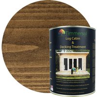 Timmersol Jacobean Walnut wood treatment can, dark label with cabin image, 5 litres, wood grain background.