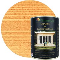 Timmersol Moroccan Sunrise wood treatment can, black label with cabin image, 5 litres.