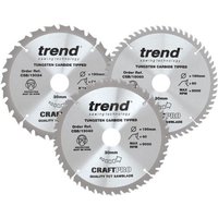 Trend 190mm circular saw blades set, silver with 24T, 40T, 60T teeth, labeled with brand and specifications.