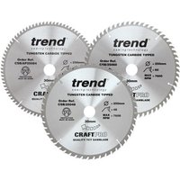 Trend 250mm circular saw blades set with 48T, 60T, 84T, silver finish, tungsten carbide tipped.