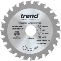 Circular saw blade, 85mm, 24 teeth, silver with black text, tungsten carbide tipped, by Trend.
