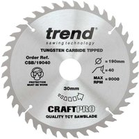 Circular silver Trend CraftPro saw blade, 190mm, 40 teeth, tungsten carbide tipped, with black and red text.