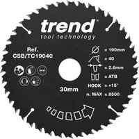 "Black Trend CraftPro saw blade 190mm, 40 teeth, labeled with specifications and logo in white text"