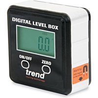 "Black and white Trend Digital Level Box with LCD screen, on/off and zero buttons, and magnetic base"