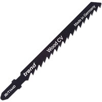 Black Trend JB/T144D jigsaw blade with sharp teeth, labeled "Wood CV" and "Made in Germany" in white text.