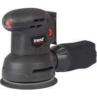 Black TREND T18S 18V random orbital sander with ergonomic grip and dust collection bag.