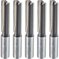 Set of five silver Trend router bits with sharp cutting edges and engraved text on the shank.
