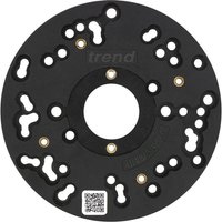 Black Trend UNIBASE/150 router sub-base with multiple holes and brass inserts, circular design, and central opening.